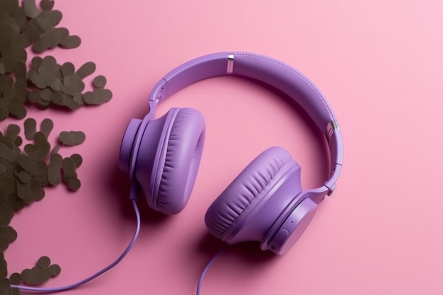 Fones de ouvido roxos em fundo rosa Conceito de música Vista superior