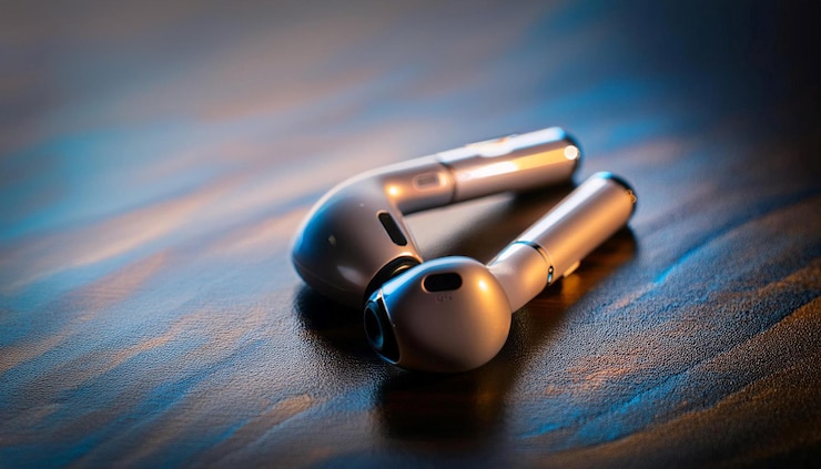 Foto fones de ouvido sem fio em uma mesa simbolizando a conveniência da tecnologia e o estilo de vida moderno