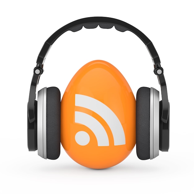 Fones de ouvido sobre RSS Podcast ícone do logotipo em um fundo branco. Renderização 3D