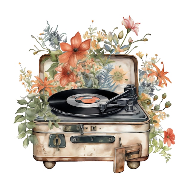 Fonógrafo de primavera ilustração floral em aquarela clipart de primavera