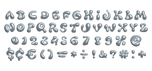 Font de bolha de cromo brilhante 3d no estilo Y2K Letras e números líquidos realistas do alfabeto inglês Ilustração de renderização de raster