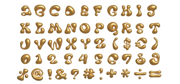 Font líquida dourada 3D no estilo y2k isolada em um fundo transparente Renderização de alfabeto e números inflados dourados 3D com efeito brilhante Tipografia orgânica líquida