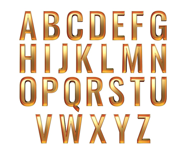 Foto font retro dourada letras do alfabeto isoladas em um fundo branco com trilha de recorte ilustração 3d