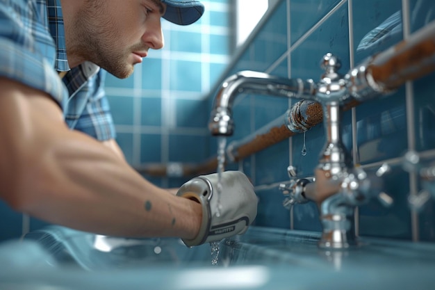 Foto un fontanero desbloqueando el desagüe en el baño.