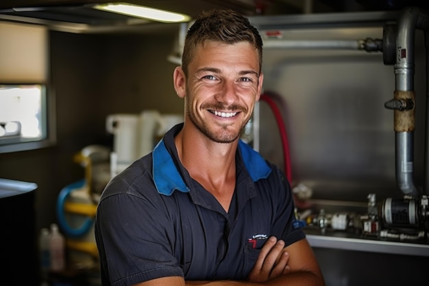 Fontanero masculino guapo sonriendo de pie en la cocina empleado reparador técnico del Día del Trabajo