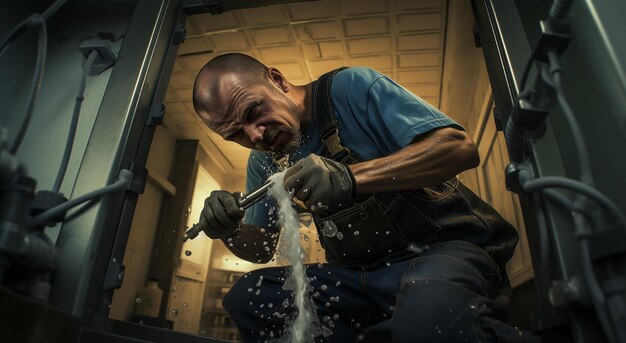 Foto un fontanero profesional examina el tubo de sifón