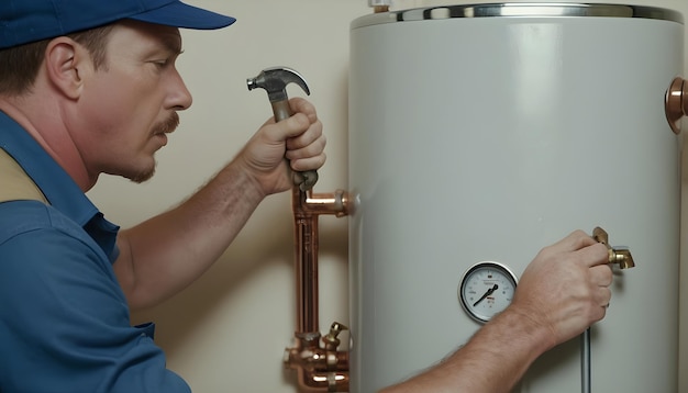 Foto un fontanero que utiliza una llave inglesa para apretar los accesorios de un calentador de agua asegurando una instalación adecuada