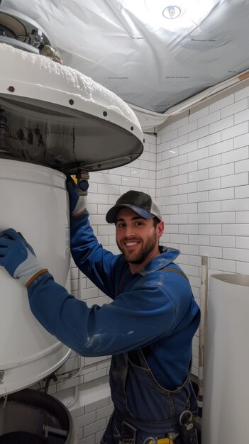 Foto un fontanero sonriente ajusta un calentador de agua residencial para garantizar el funcionamiento adecuado