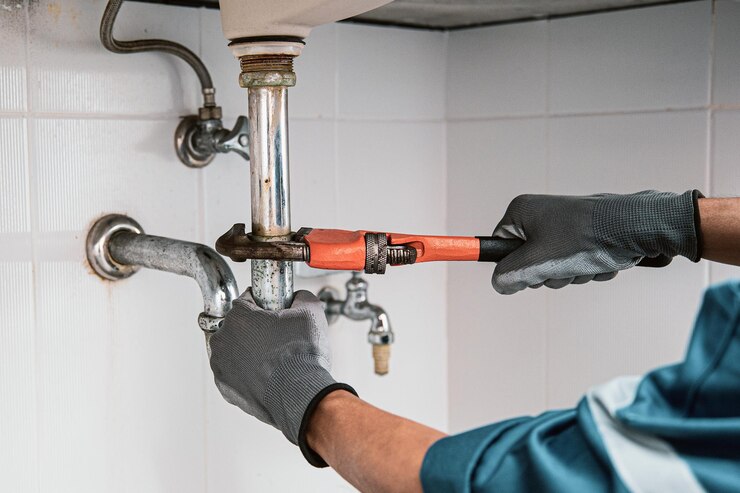Foto fontanero usando una llave para reparar la tubería de agua debajo del fregadero.
