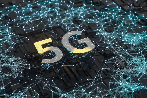 Foto fonte 5g de renderização 3d e fundo do circuito