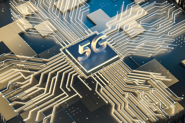 Fonte 5g de renderização 3D e fundo do circuito