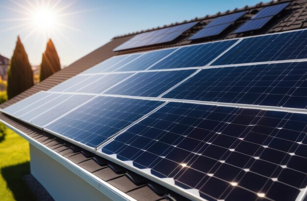 Fonte alternativa de electricidade painéis solares no telhado do edifício painéis fotovoltaicos produção de energia renovável dia ensolarado