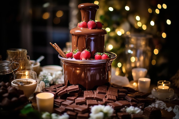 Fonte artesanal de fondue de chocolate em festa