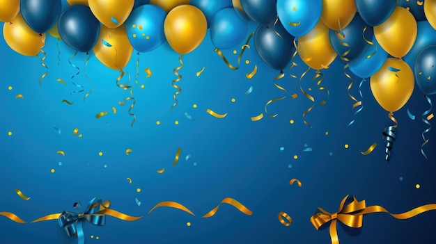 Fonte azul de celebración con globos amarillos y azules regalos y confeti