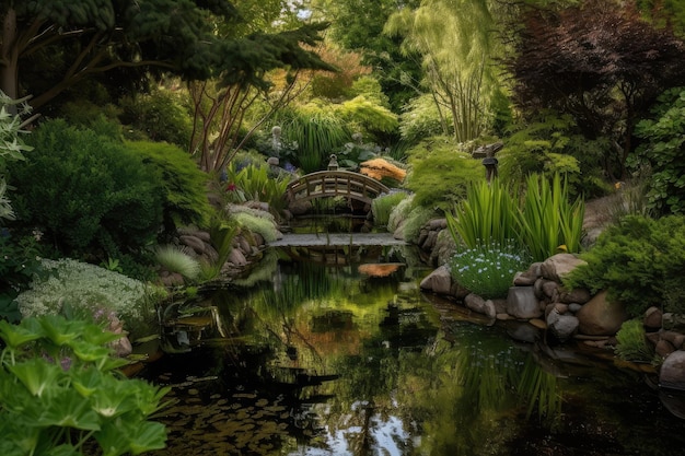 Fonte de água com reflexos cativantes na paisagem exuberante do jardim