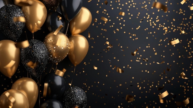 Fonte de celebrações com balões pretos e dourados serpentinas espumantes de confete