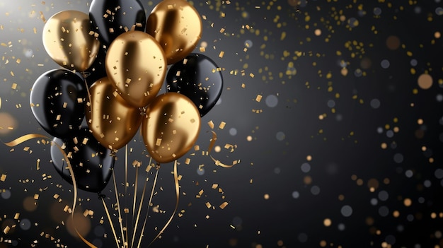 Fonte de celebrações com balões pretos e dourados serpentinas espumantes de confete