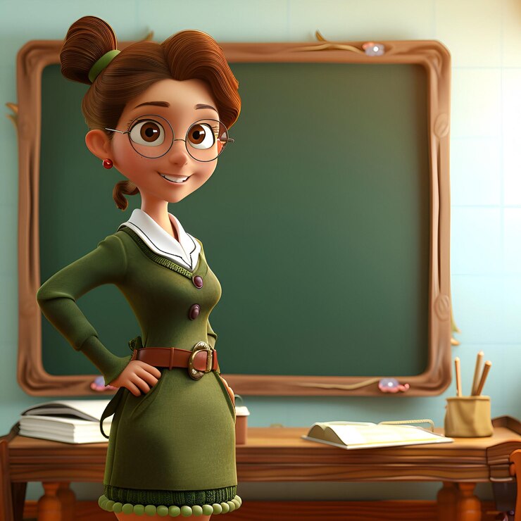 Foto fonte de dia feliz do professor com desenho animado de professora feminina na frente do quadro com espaço de cópia