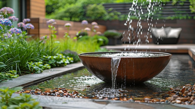 Fonte de Água Entre as Flores do Jardim