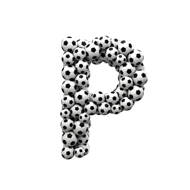 Fonte de letra maiúscula P feita a partir de uma coleção de bolas de futebol 3D Rendering