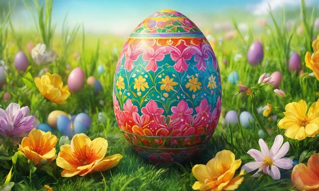 Foto fonte de páscoa feliz com ovos de pásqua realistas cartão de páscua