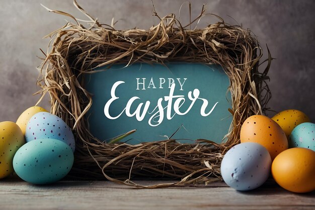 Fonte de Páscoa Feliz com quadro de mensagem e cena de ovos de páscoa