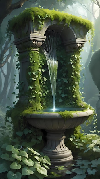 Fonte de pedra de musgo e planta de hera ilustração de papel de parede de fundo