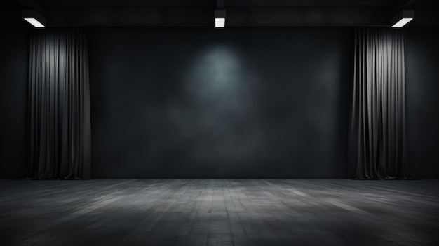 Fonte de reflexo de gradiente cinza escuro em sala de estúdio vazia Parede de cimento abstrata escura vazia e sala de Estúdio com fumaça flutuando textura interior para exibição de produtos fundo de parede
