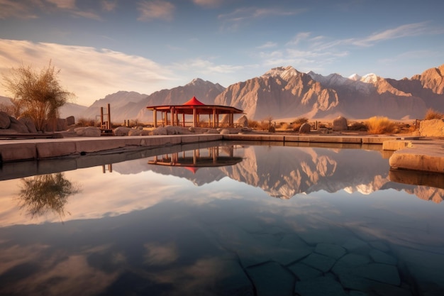 Fonte quente tranquila com o reflexo das montanhas