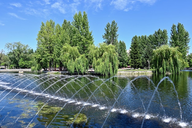 Fontes na margem do lago na cidade de Ternopil