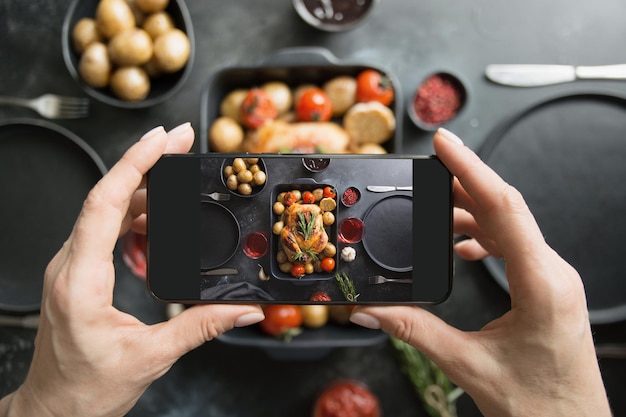 Food-Blogger-Konzept Smartphone-Fotografie von Essen zum Abendessen Brathähnchen mit Gemüse auf schwarz Weibliche Hände halten Smartphone