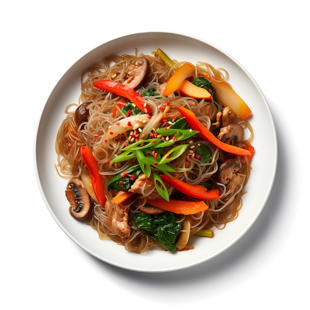 Food-Fotografie von Japchae auf einem Teller isoliert auf weißem Hintergrund