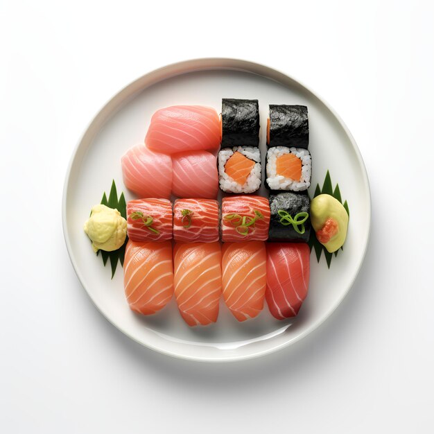 Food-Fotografie von Sushi auf einem Teller isoliert auf weißem Hintergrund