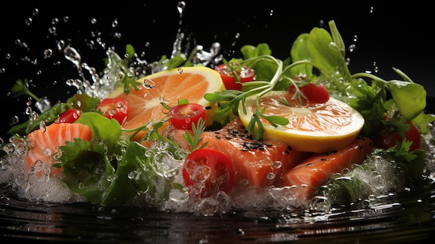 Food-Fotografie, Wasser spritzt auf Lebensmittel, detailliert