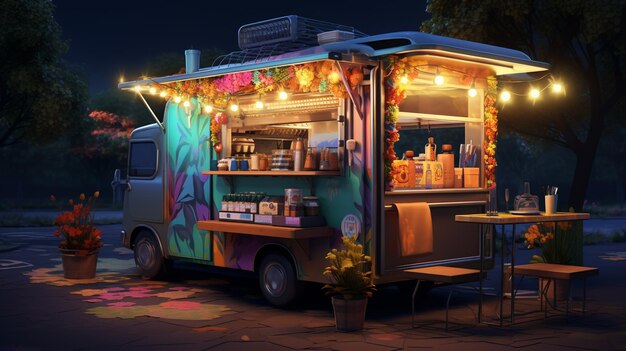 food truck bem iluminado com mesas e cadeiras em um parque com IA generativa