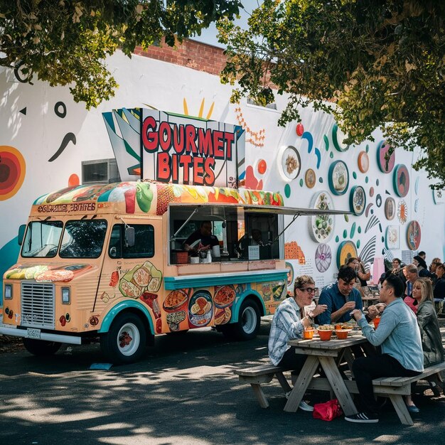 Foto food truck in der nähe der lokalen kunstgalerie geparkt