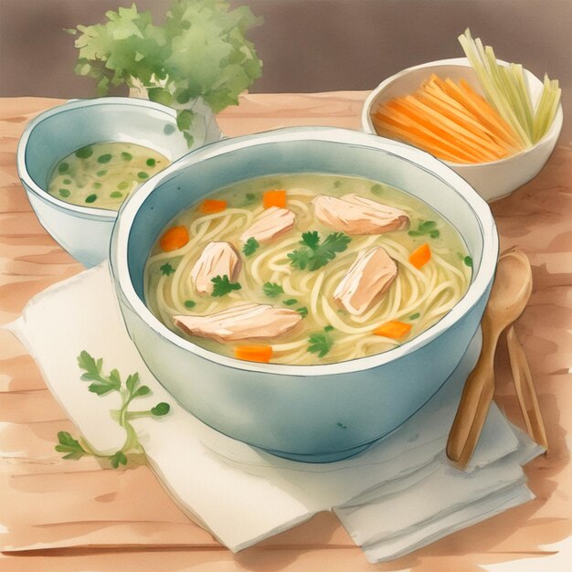 Foodmade Style Strybk Uma tigela de sopa de macarrão de frango em um fundo branco ilustrado em crianças