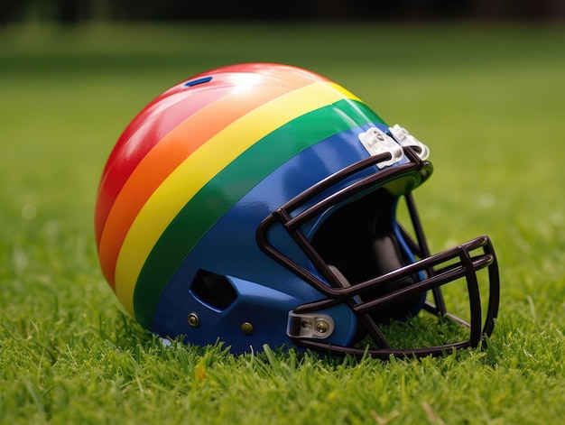 Football-Helm mit den Farben des Regenbogens über einer Wiese