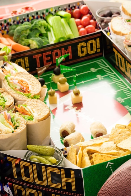 Football Snack Stadium lleno de bocadillos, verduras y patatas fritas.