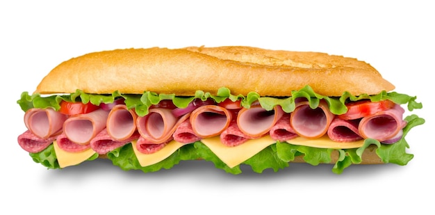 Footlong jamón y sándwich submarino suizo aislado en blanco