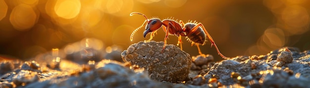 Foto força da formiga levantando rocha na natureza