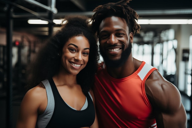 Força em Unidade Casal Muscular Negro posa com sorrisos no ginásio