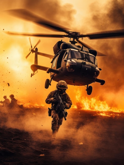 forças especiais em guerra durante a batalha contra o pano de fundo de um helicóptero