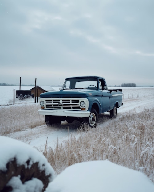 Ford F100 V8 azul 1970 en un campo lleno de nieve IA generativa