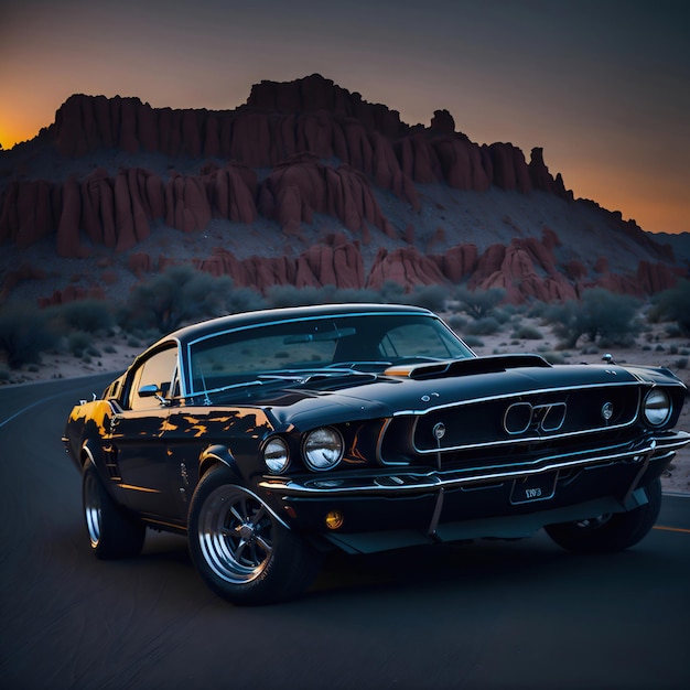 Un Ford Mustang negro con capota y matrícula negras.