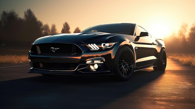 Un Ford Mustang negro conduce por una carretera al atardecer.