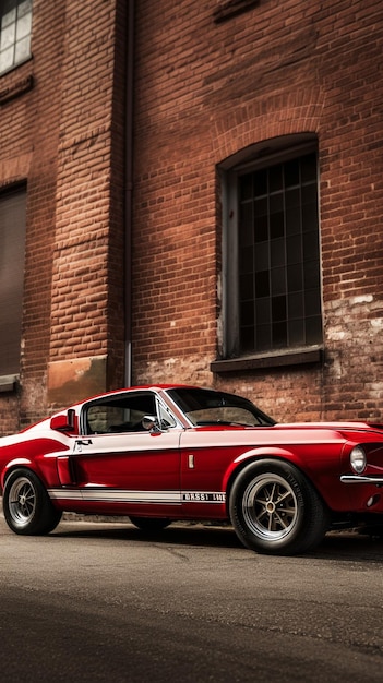 Un Ford Mustang rojo con la palabra Ford en el lateral.