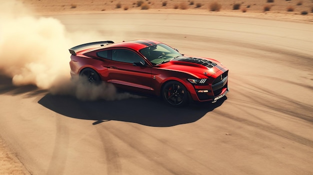 Un Ford Mustang rojo con un rastro de humo detrás.