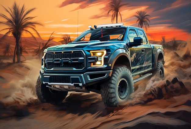 Foto un ford raptor rzr conduciendo en el desierto en el estilo de retratos con iluminación suave