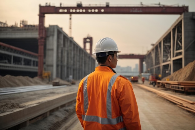 Foto foreman asiático verificando a construção de estradas e pontes para a infraestrutura da cidade